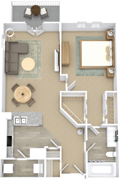 this is a 3d floor plan of a 755 square foot 1 bedroom apartment at the